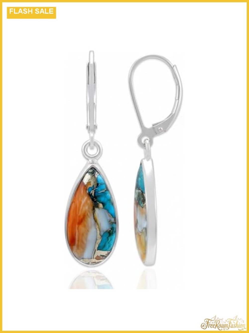 Silver Plated Teardrop Drop Dangle Earrings with Oyster Copper Turquoise
